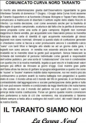 Il comunicato dei tifosi del Taranto