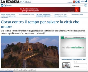 L'iniziativa su Bagnoregio ripresa dal quotidiano la Stampa