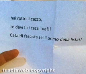 Viterbo - La lettera minatoria ricevuta da Alberto Cataldi