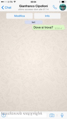 La schermata di Whatsapp di Gianfranco Cipolloni