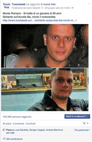 Il post sulla morte di Valentino Galantuomo su Facebook