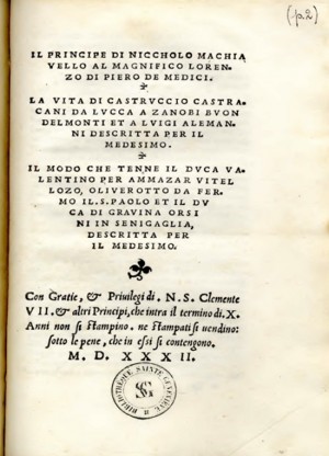 Frontespizio e colophon della prima ed. del Principe (Roma, Blado, 1532), nell'esemplare di Parigi
