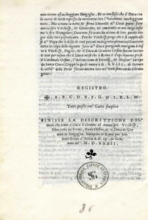 Frontespizio e colophon della prima ed. del Principe (Roma, Blado, 1532), nell'esemplare di Parigi