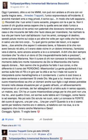 Il messaggio della madre di Marianna Boccolini ad Amedeo Trappetti, l'unico superstite dell'incidente sull'Ortana