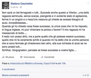 Il post su Facebook di Stefano Cecchetto