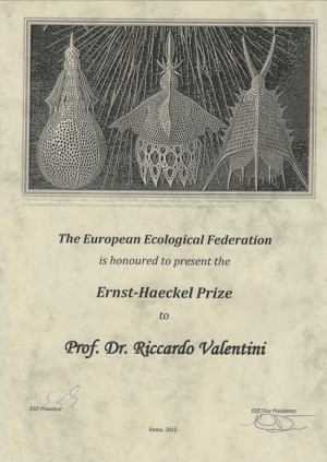 Il diploma del premio Ernst Haeckel assegnato a Riccardo Valentini