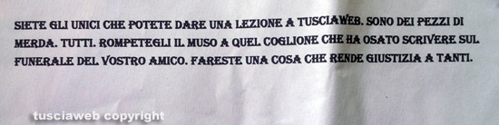 Viterbo - La lettera minatoria contro Tusciaweb e il giornalista Daniele Camilli