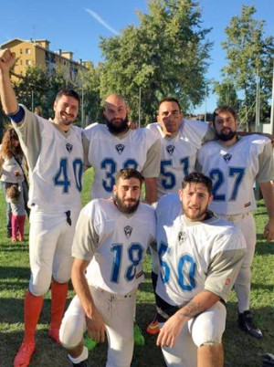 Sport - Football americano - Azzurri d’Italia - Da destra: Giorni, Massini, Angeloni In basso da destra: Evalto, Cicchetti