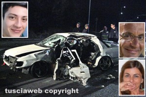 Viterbo - Incidente sulla Tuscanese - L'auto coinvolta nell'incidente e nei riquadri Leonardo Rizzello, Pasquale Tranquilli e Maria Luisa Brienza