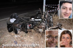 Viterbo - Incidente sulla Tuscanese - La moto coinvolta nell'incidente e nei riquadri Leonardo Rizzello, Pasquale Tranquilli e Marialuisa Brienza