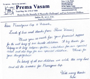 La lettera alla Indra Priyadharshini allo staff di Francigena cup