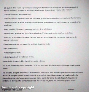 Bagnoregio -Alcune delle motivazioni per cui gli studenti del F.lli Agosti voglio occupare la scuola