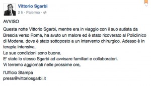 La notizia sul profilo Facebook di Vittorio Sgarbi