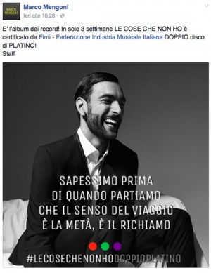 "Le cose che non ho" doppio disco di platino - Il commento di Mengoni su Facebook