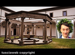 Il chiostro dell'Università della Tuscia; nel riquadro: Raffaele Strocchia