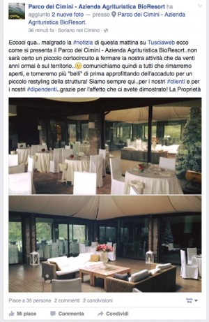Il post del "Parco dei Cimini" su Facebook