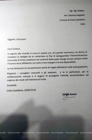 Civita Castellana - La lettera di dimissioni dell''assessore Sergio Annesi
