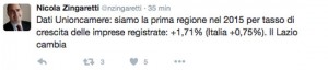 Il Tweet del presidente della regione Lazio, Nicola Zingaretti