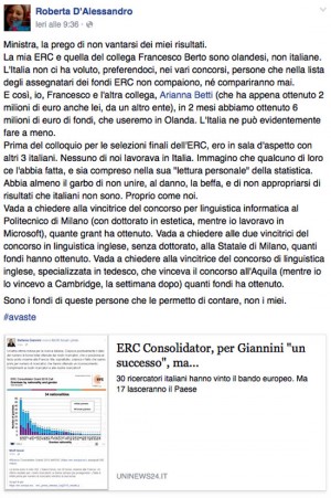 Il post su Facebook di Roberta D'Alessandro