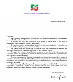 Forza Italia - La lettera di Fazione a Bacocco