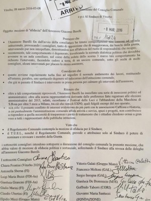 Viterbo - Il testo della mozione di sfiducia della minoranza nei confronti dell'assessore Barelli 