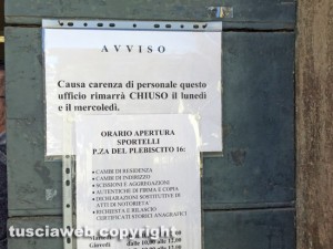 Viterbo - Comune - Uffici anagrafe chiusi per mancanza di personale