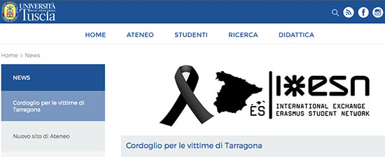 Il sito dell'Università della Tuscia listato a lutto per Elisa