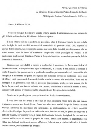 Incidente sull'Aurelia - Muore bimbo di due anni - La lettera del padre Sofiane Ardjoum a due agenti della stradale