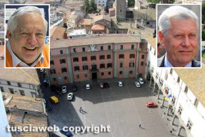 Viterbo - Piazza del Comune - Nei riquadri: a sinistra Piero Camilli, a destra Leonardo Michelini