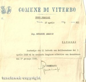 Nomina a pompiere di Americo Monarchi
