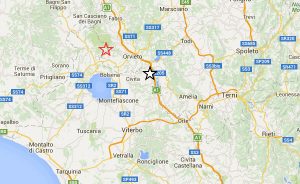 Terremoto a Civitella D'Agliano - La stella rossa indica la localizzazione approssimativa delle scosse dello sciame sismico, la nera l'evento di oggi