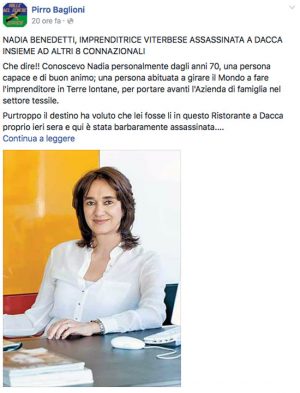 Strage a Dacca - Sui social il ricordo di Nadia Benedetti