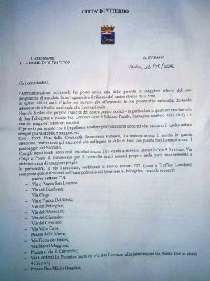 Viterbo - Nuova ztl nel centro storico - La lettera del comune