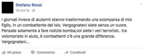 Scomparso Marco Rovai di Ronciglione - Il post su Facebook del papà