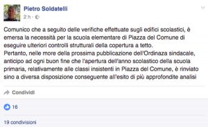 Nepi - Il post su Facebook del sindaco Pietro Soldatelli