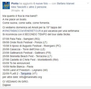 Il post del rapper Piotta che annuncia la partecipazione al Fleb
