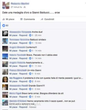Alcuni dei commenti in sostegno di Gianni Balducci su Facebook