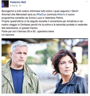 Federico Meli annuncia la partecipazione dei Giorni anomali a Nemo sul suo profilo Facebook