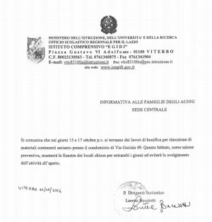 Viterbo - Rimozione amianto all'Egidi - L'informati va dell'istituto