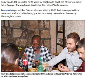 La cena di Rudy Guede a Viterbo sulle pagine del DailyMail
