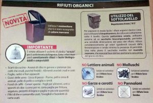 Viterbo - Differenziata - Il volantino dei rifiuti organici che vieta di gettare la lettiera del gatto