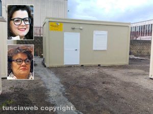 Il centro d'accoglienza per migranti all'ex Fiera di Viterbo - Nei riquadri Chiara Frontini e Rita Piermatti