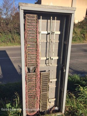 Tuscania - Cabina di cablaggi telefonici aperta in località Perazzetta