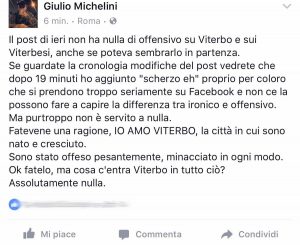 Il post di Giulio Michelini su Facebook