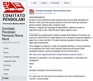 Il post del Comitato pendolari ferrovia Roma Nord