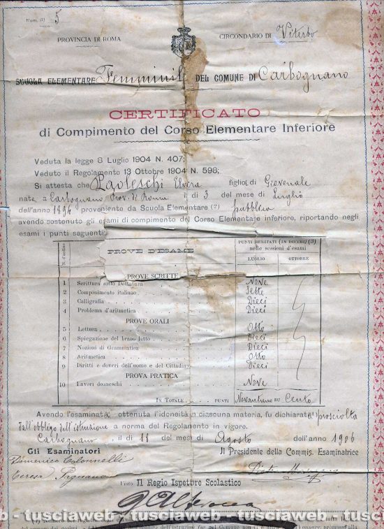 Carbognano - Come eravamo 1906 - Pagella di Elvira Paoleschi