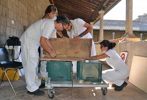 Sarcofago fittile - Allievi durante la fase di riassemblaggio