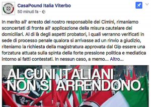 Aggressione a Vignanello - Il post comparso sulla pagina Facebook 'Casapound Italia - Viterbo' dopo l'arresto del responsabile di Casapound Cimini Jacopo Polidori