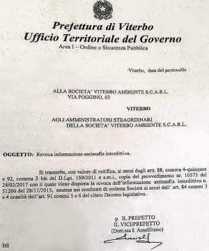 La revoca dell'interdittiva antimafia a Viterbo Ambiente