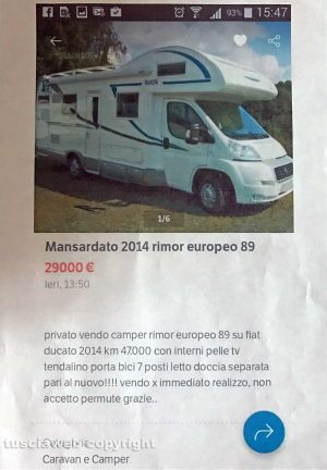 L'annuncio della vendita del camper su subito.it